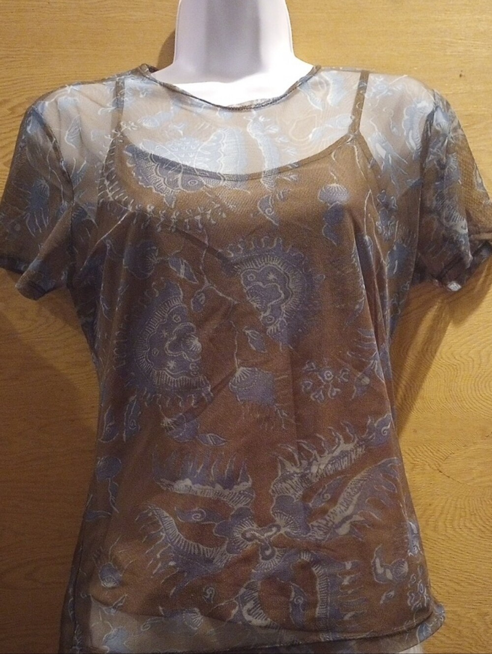 Vtg Limited Blue and Brown Paisley Print Mesh S/S Top W Camisole.  M top L cami